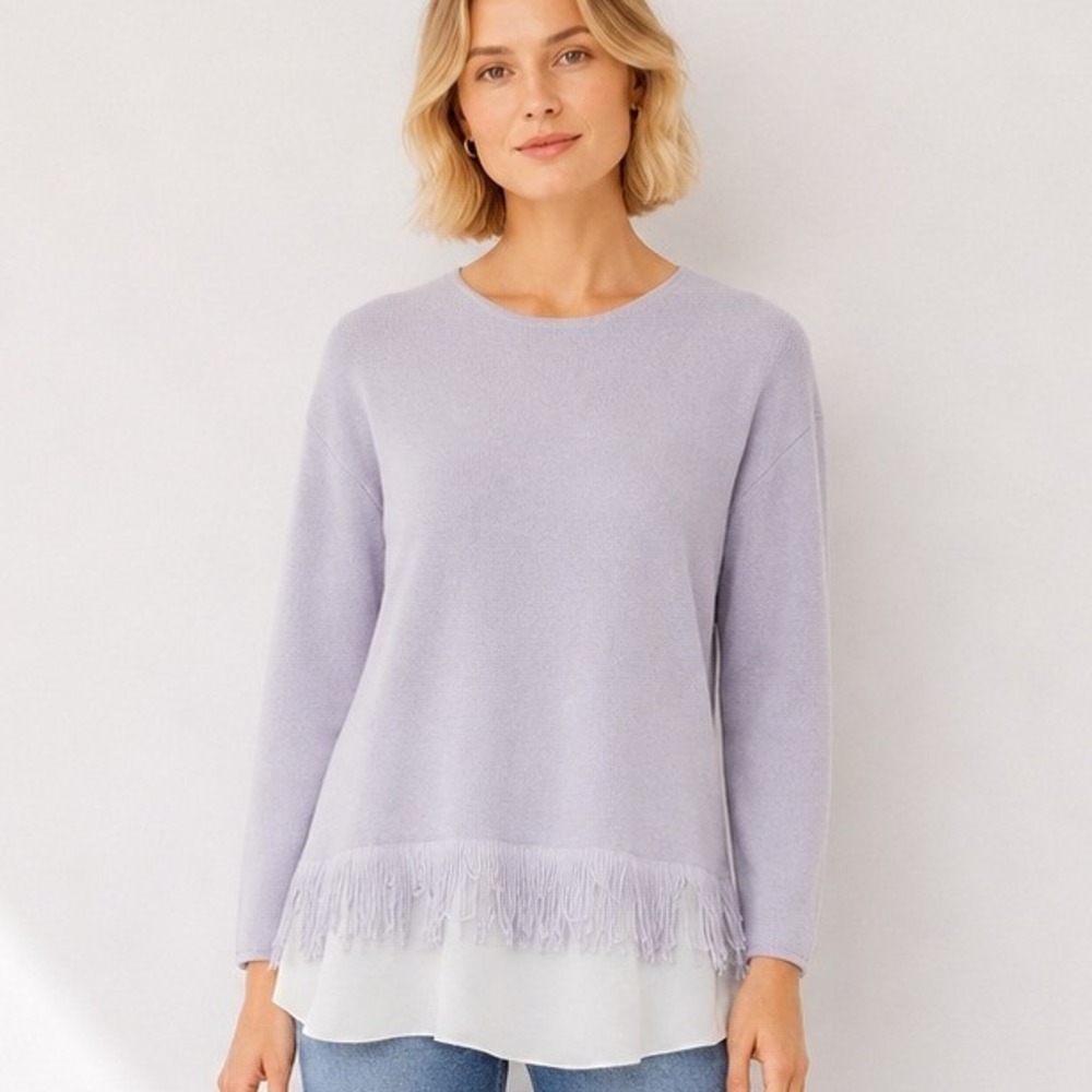 Tyler Boe 100% Cashmere Fringe Sweater Tunic Silk Layered Lavender Luxe Size Sm